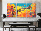 Floral trumpet multi-panel wall art with vibrant colors above a dining table in a modern setting