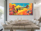 Floral trumpet multi-panel wall art with vibrant colors above a dining table in a modern setting