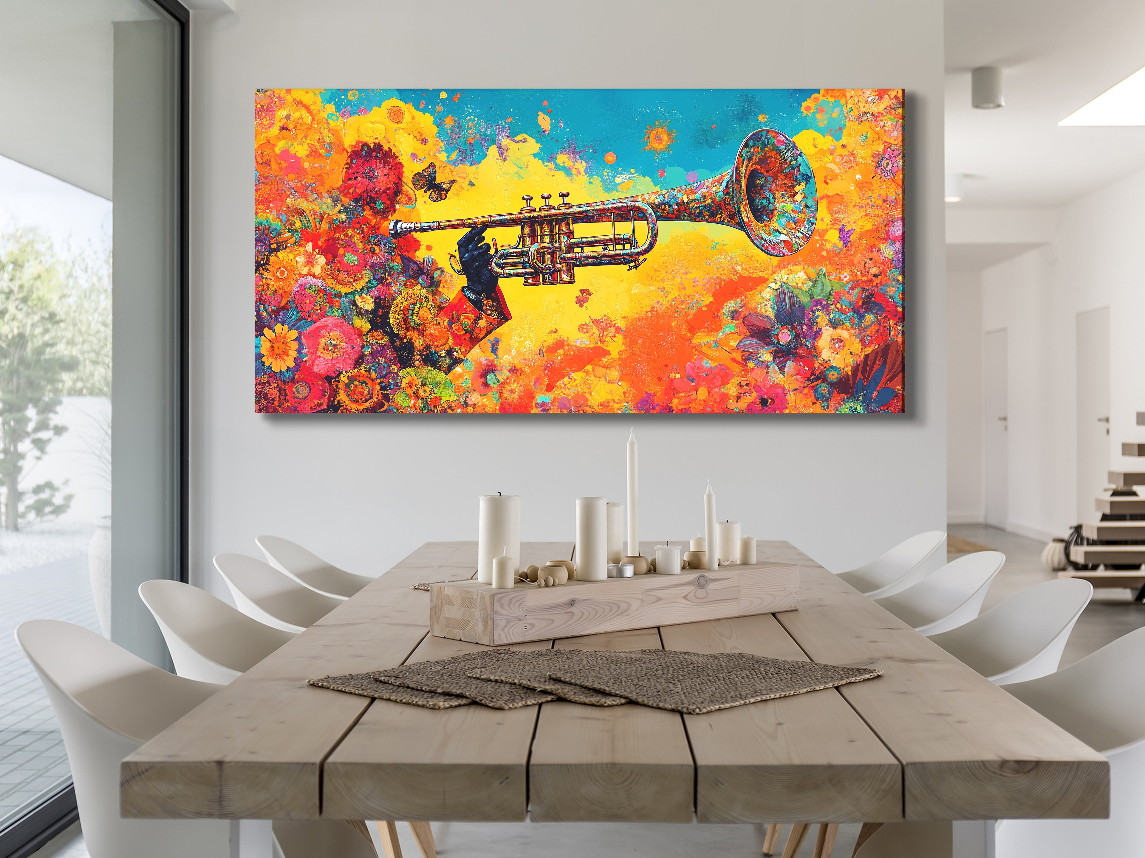 Floral trumpet multi-panel wall art with vibrant colors above a dining table in a modern setting