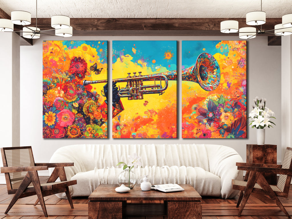 Floral trumpet multi-panel wall art with vibrant colors above a sofa in a modern living room