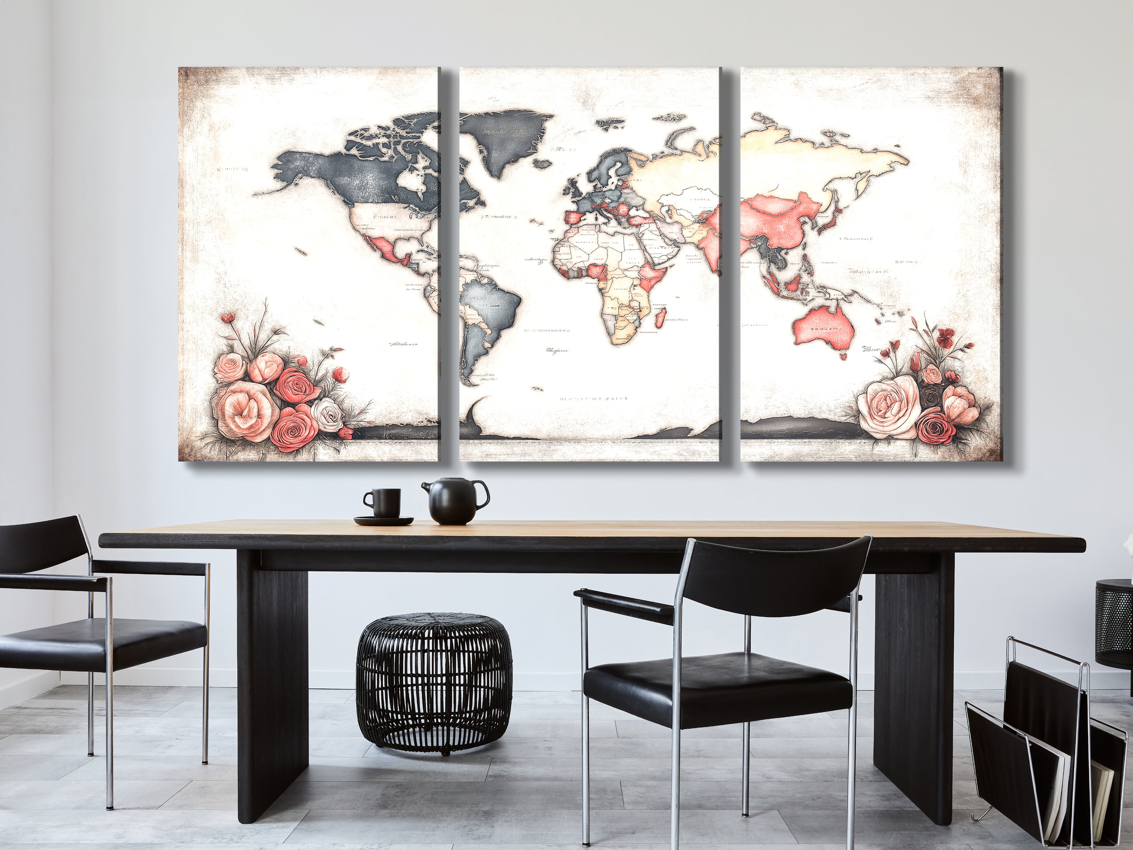 Floral world map art print, presenting shabby chic style with antique vibes.