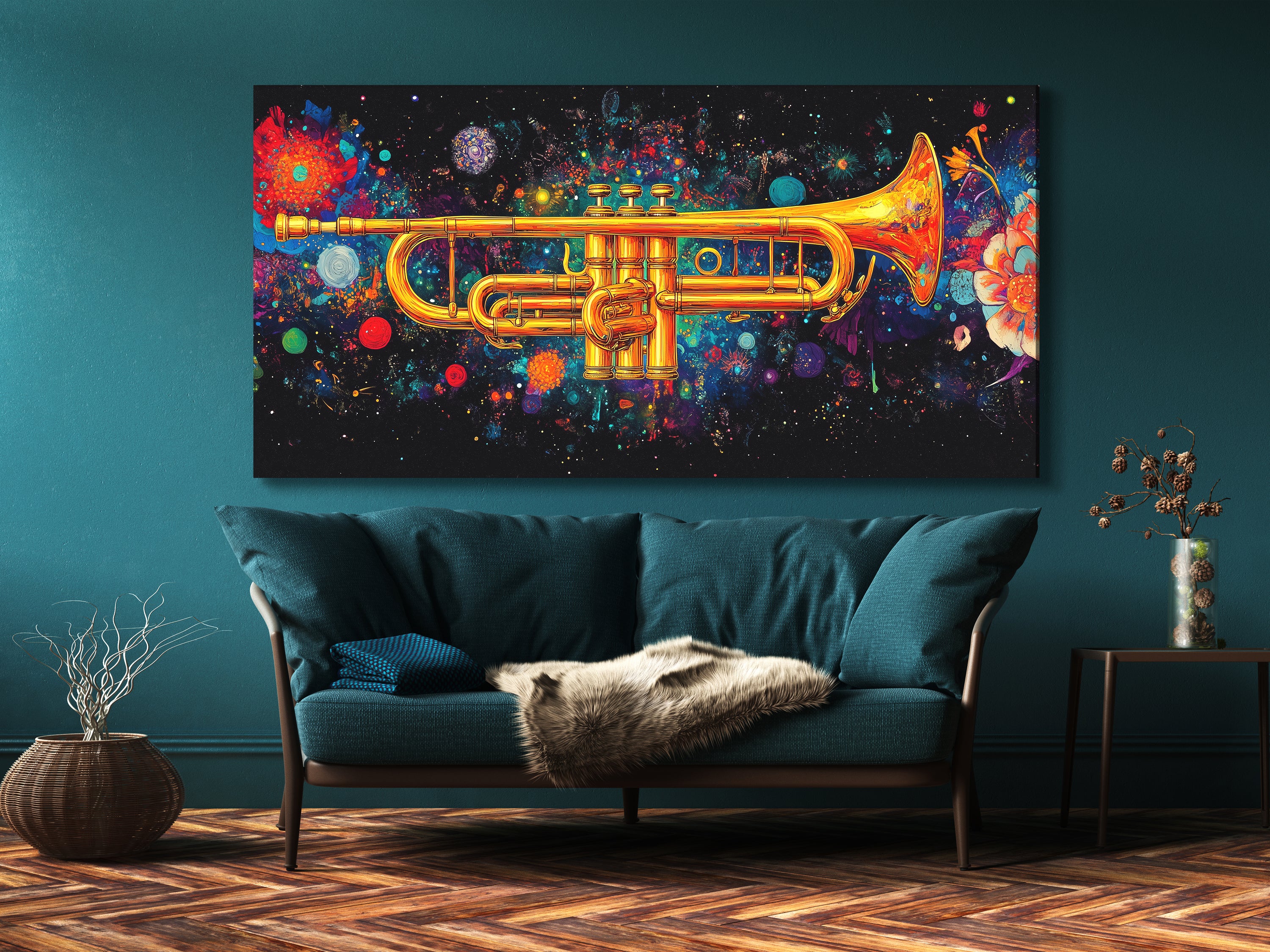 Galactic trumpet canvas art in cosmic jazz style, vibrant single-panel artwork above a sofa in a modern living room