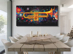 Galactic trumpet canvas print in cosmic jazz style, vibrant single-panel artwork above a dining table in a modern setting
