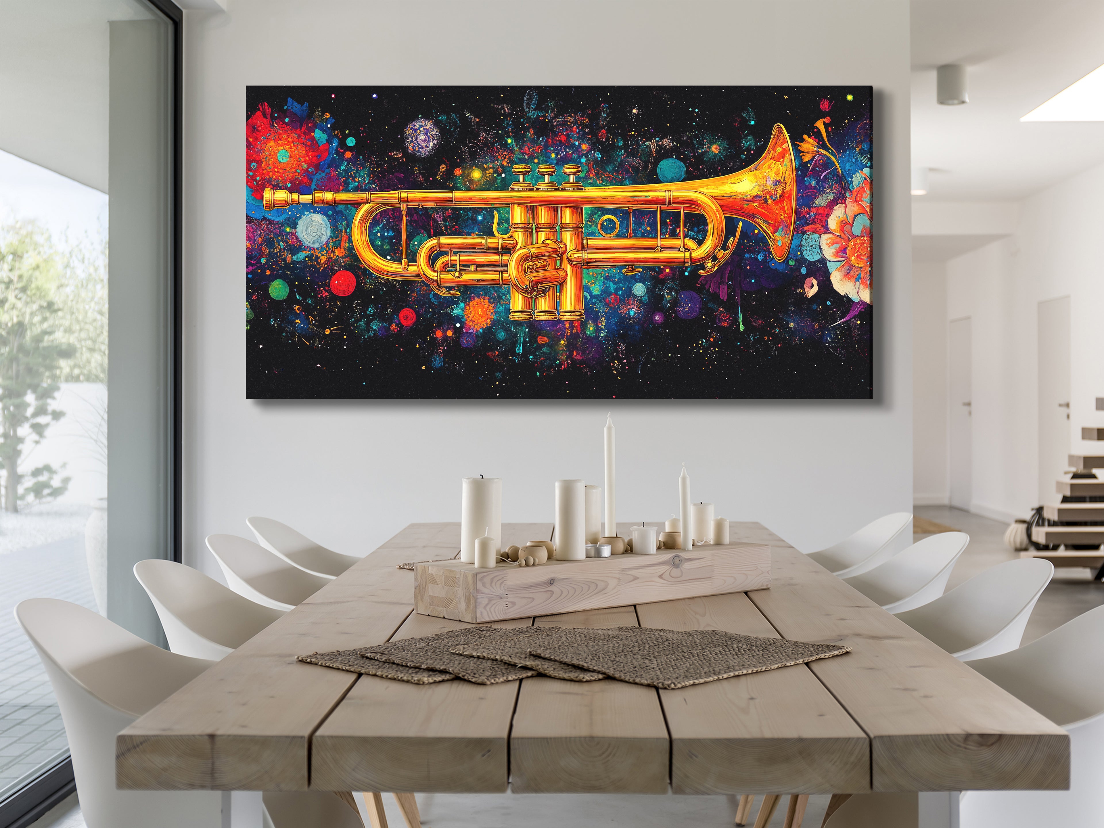 Galactic trumpet canvas print in cosmic jazz style, vibrant single-panel artwork above a dining table in a modern setting