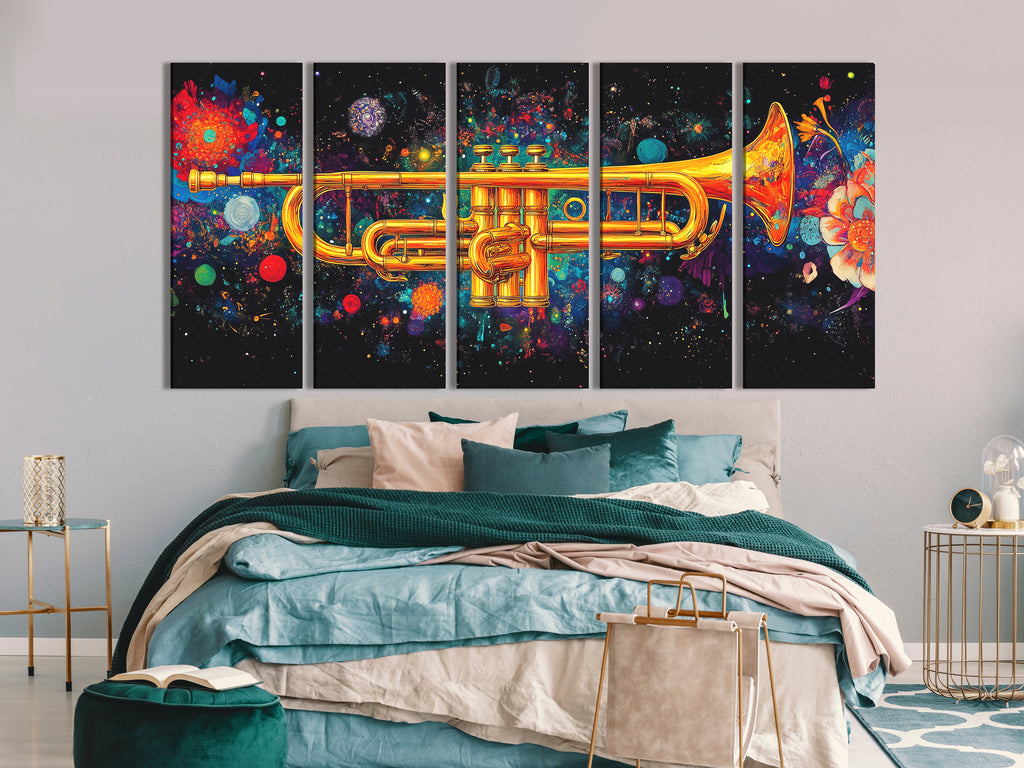 Galactic trumpet multi-panel wall art with vibrant cosmic colors above a bed in a modern bedroom