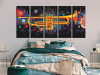 Galactic trumpet multi-panel wall art with vibrant cosmic colors above a bed in a modern bedroom