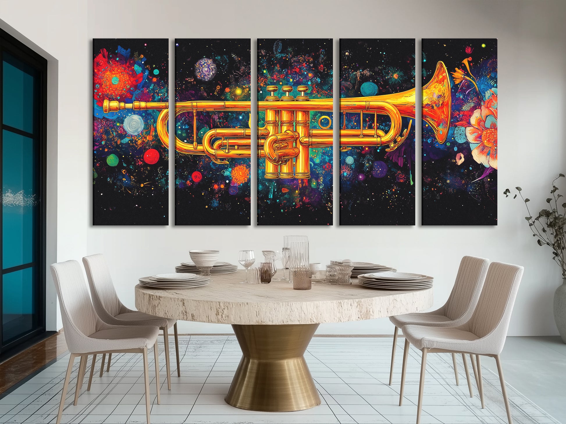 Galactic trumpet multi-panel wall art with vibrant cosmic colors above a dining table in a modern setting