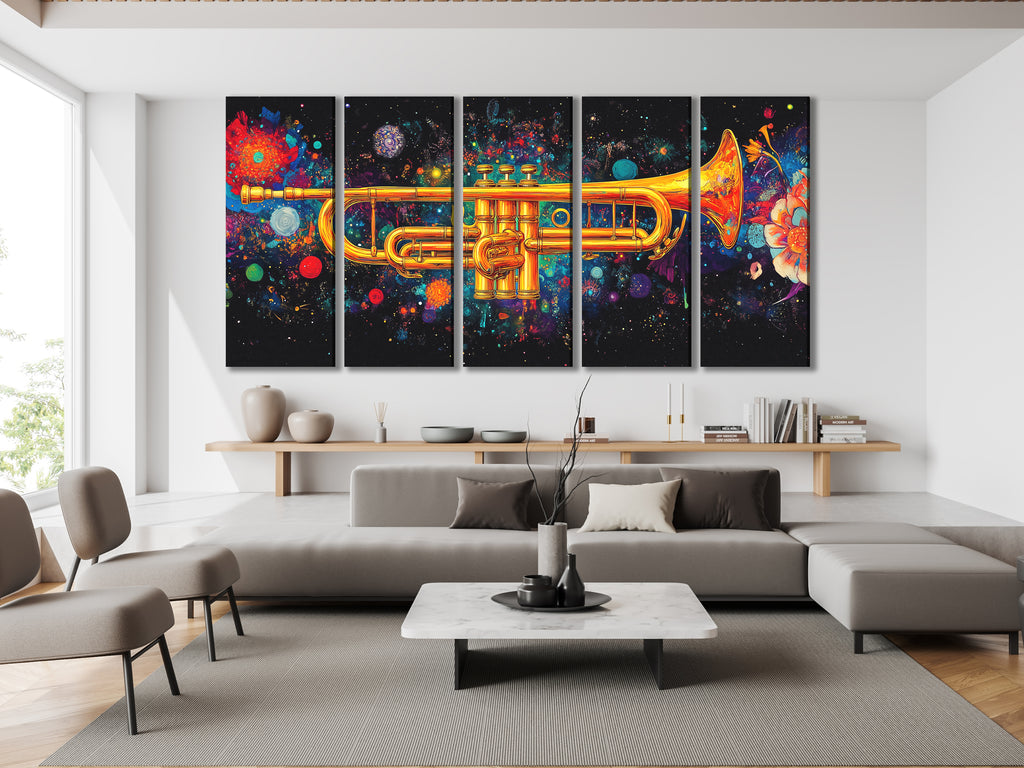 Galactic trumpet multi-panel wall art with vibrant cosmic colors above a sofa in a modern living room