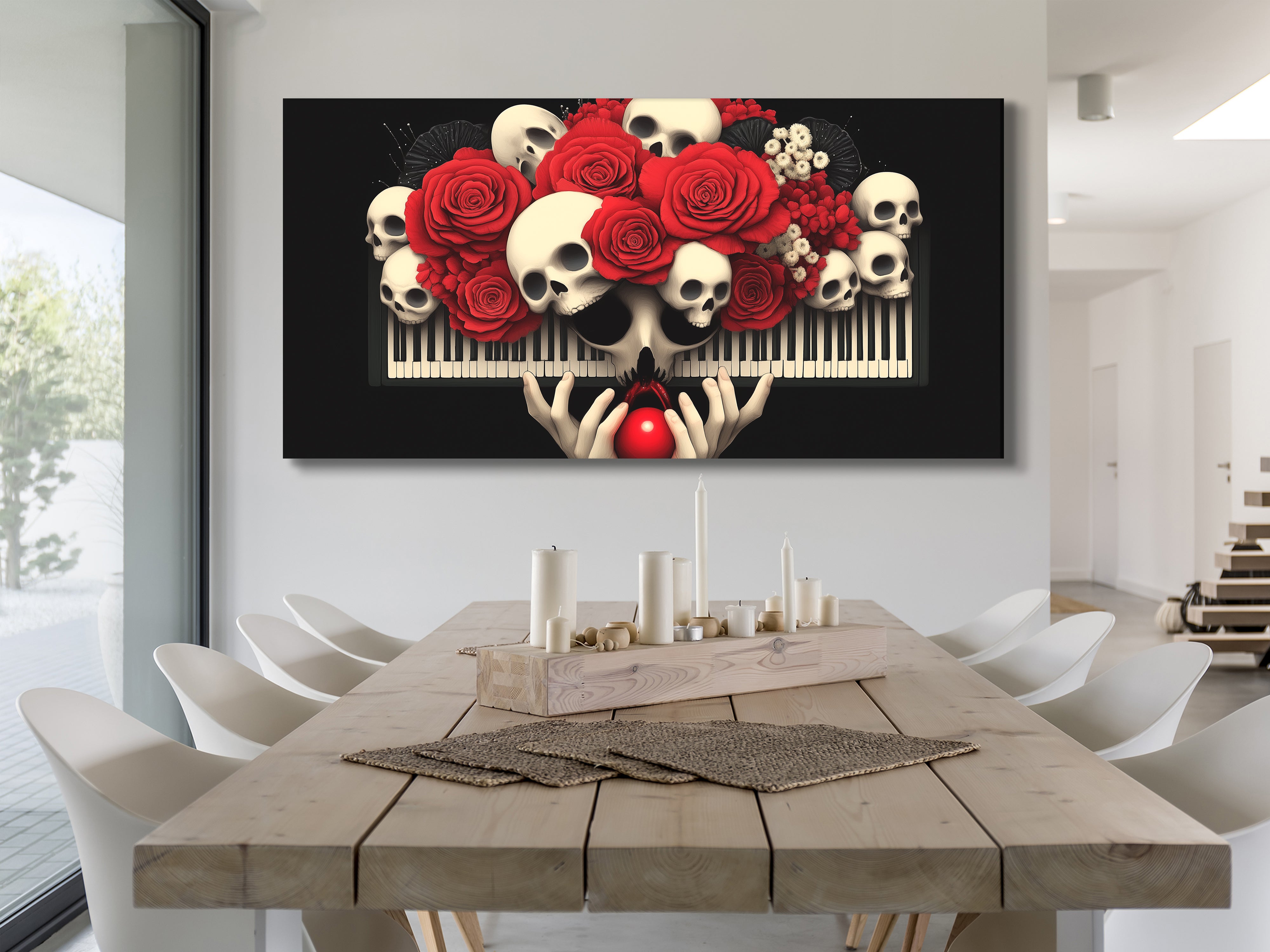 Gothic wall art canvas — vibrant roses contrasted with ivory skull forms