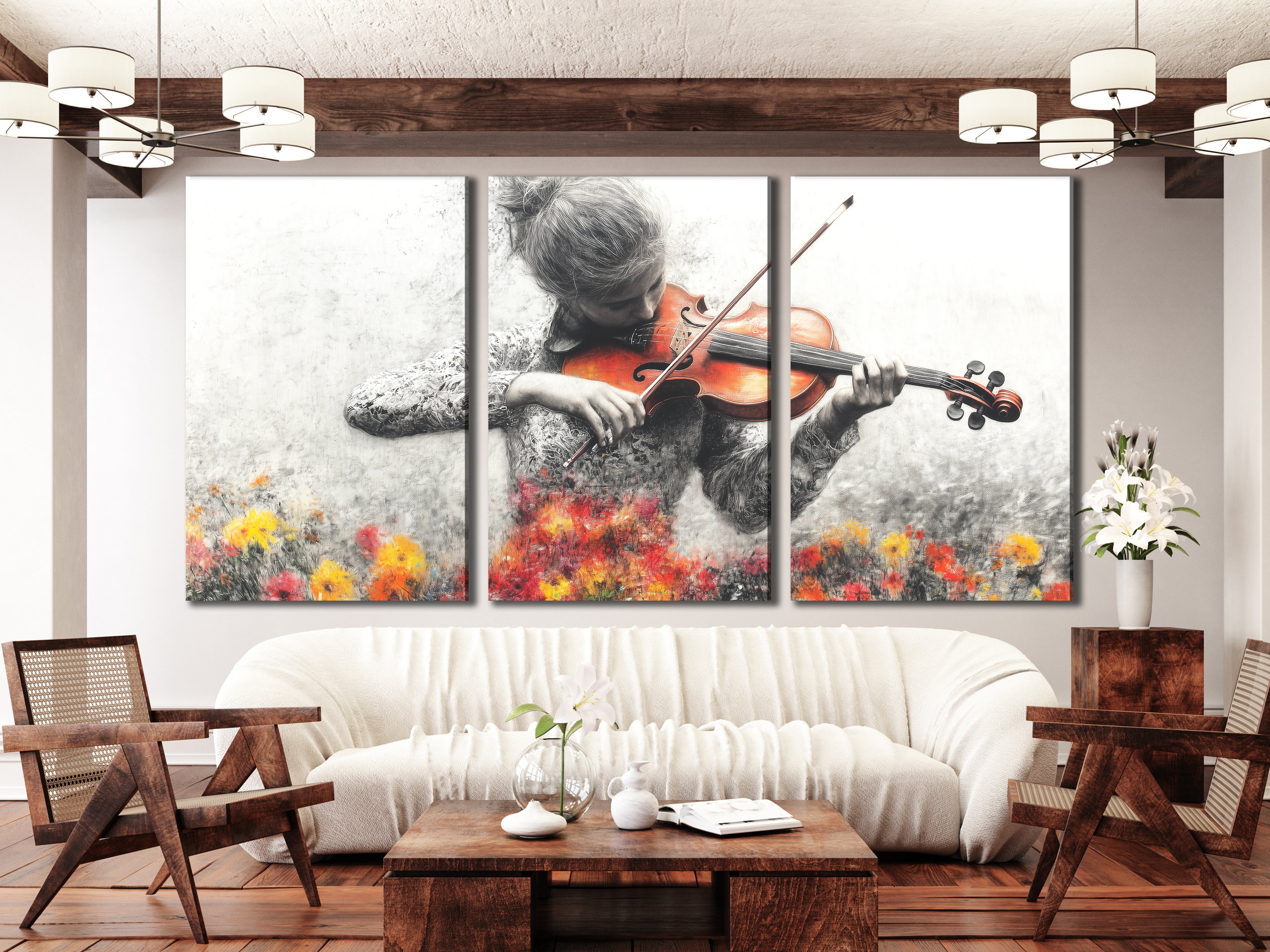 Art Print of a grayscale multi-panel violinist with vibrant floral accents, displayed above a sofa in a modern living room.