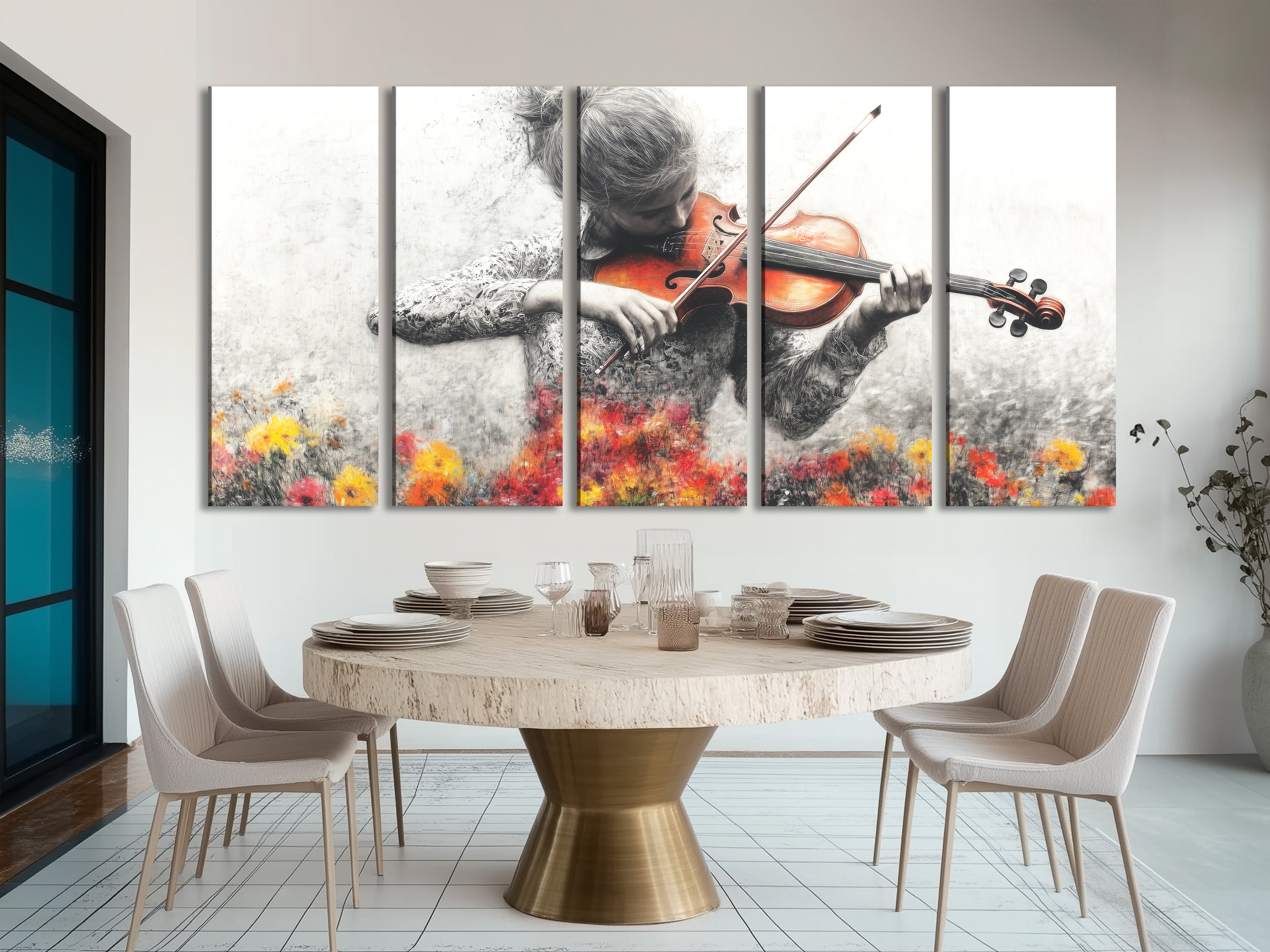Art of a grayscale multi-panel violinist with vibrant floral accents, displayed above a dining table in a modern dining room.