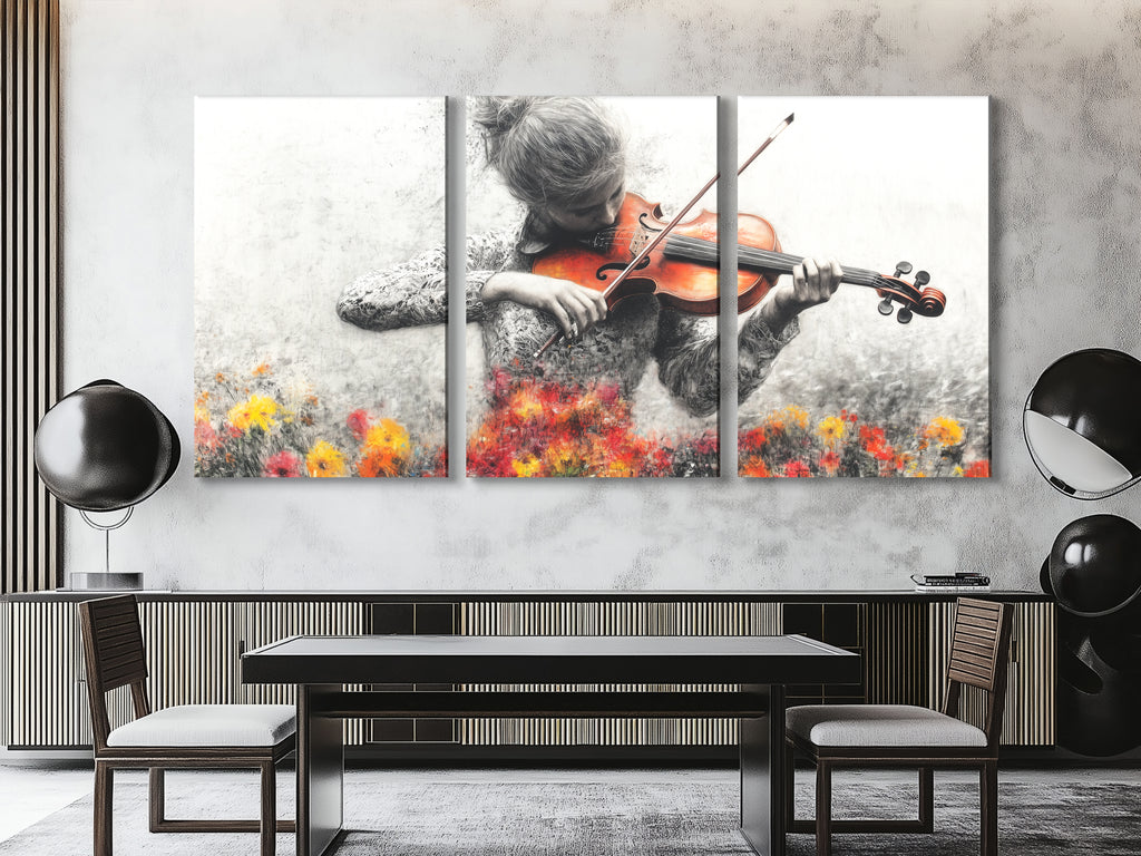 Painting of a grayscale multi-panel violinist with vibrant floral accents, displayed above a dining table in a modern dining room.