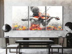 Painting of a grayscale multi-panel violinist with vibrant floral accents, displayed above a dining table in a modern dining room.