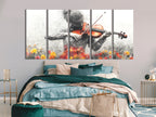 Print of a grayscale multi-panel violinist with vibrant floral accents, displayed above a bed in a modern bedroom.