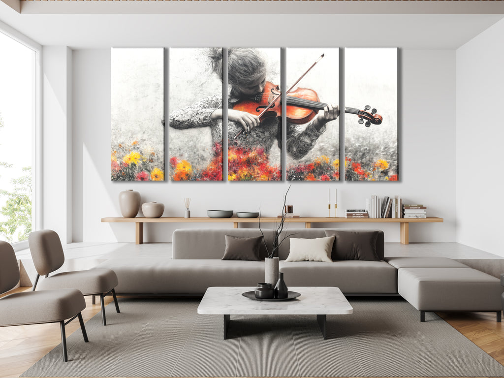 Wall Decor of a grayscale multi-panel violinist with vibrant floral accents, displayed above a sofa in a modern living room.