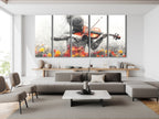 Wall Decor of a grayscale multi-panel violinist with vibrant floral accents, displayed above a sofa in a modern living room.