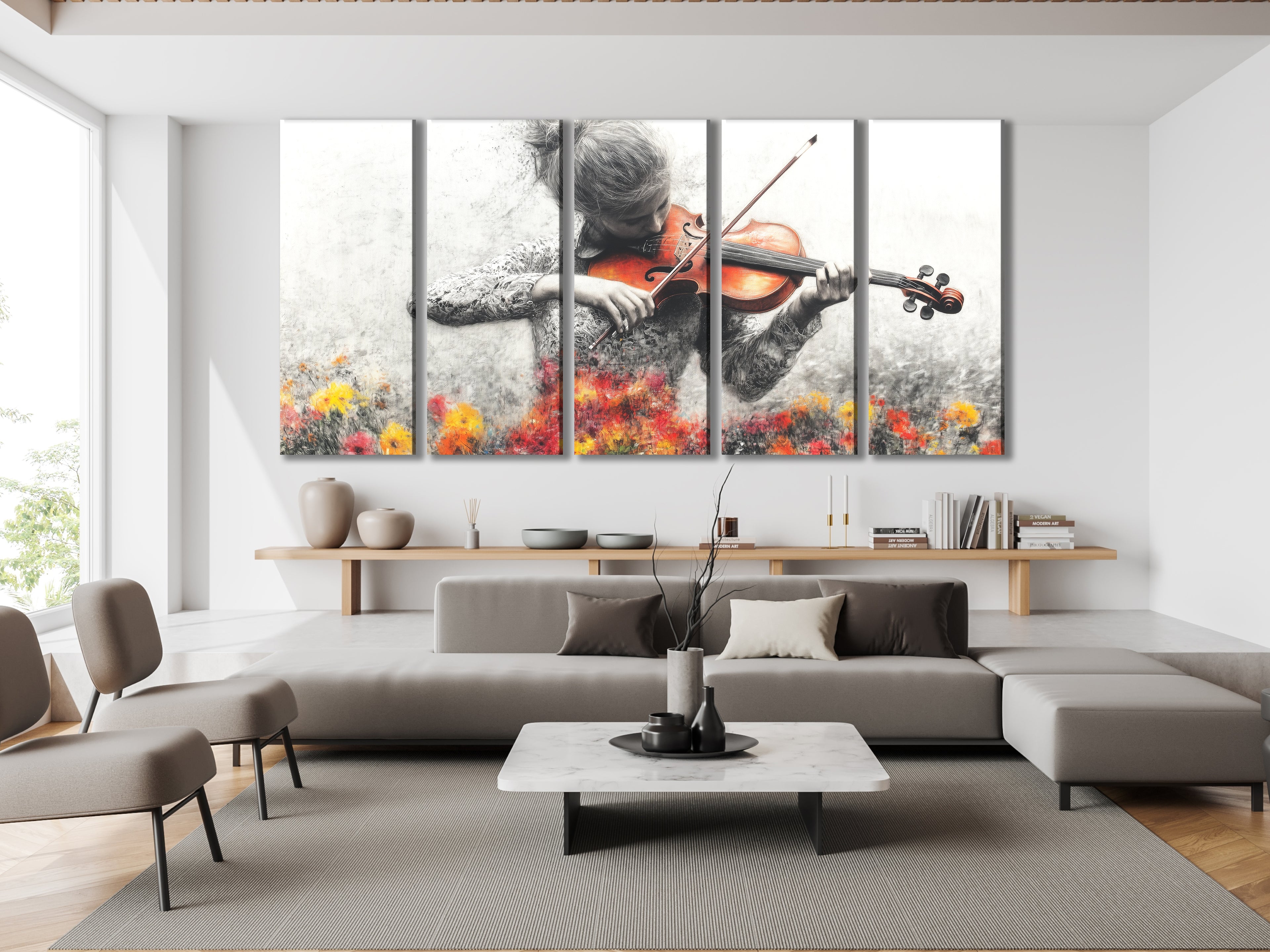 Wall Decor of a grayscale multi-panel violinist with vibrant floral accents, displayed above a sofa in a modern living room.