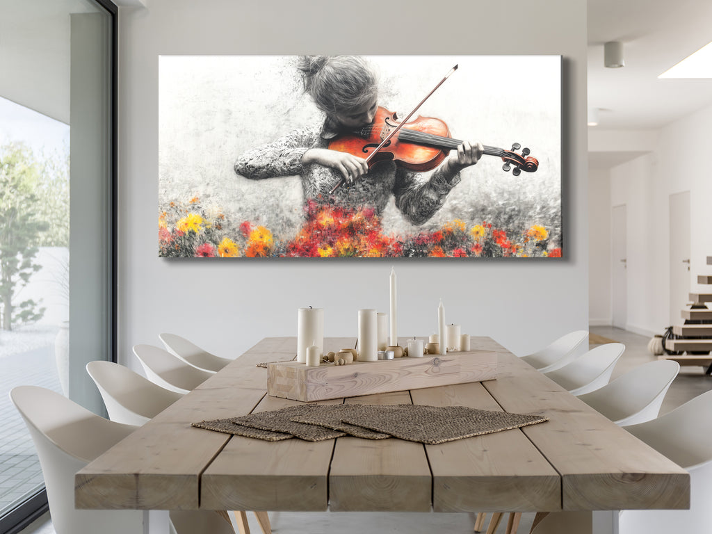 Artwork of a grayscale violinist with vibrant floral accents, displayed above a dining table in a modern dining room.