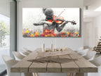 Artwork of a grayscale violinist with vibrant floral accents, displayed above a dining table in a modern dining room.