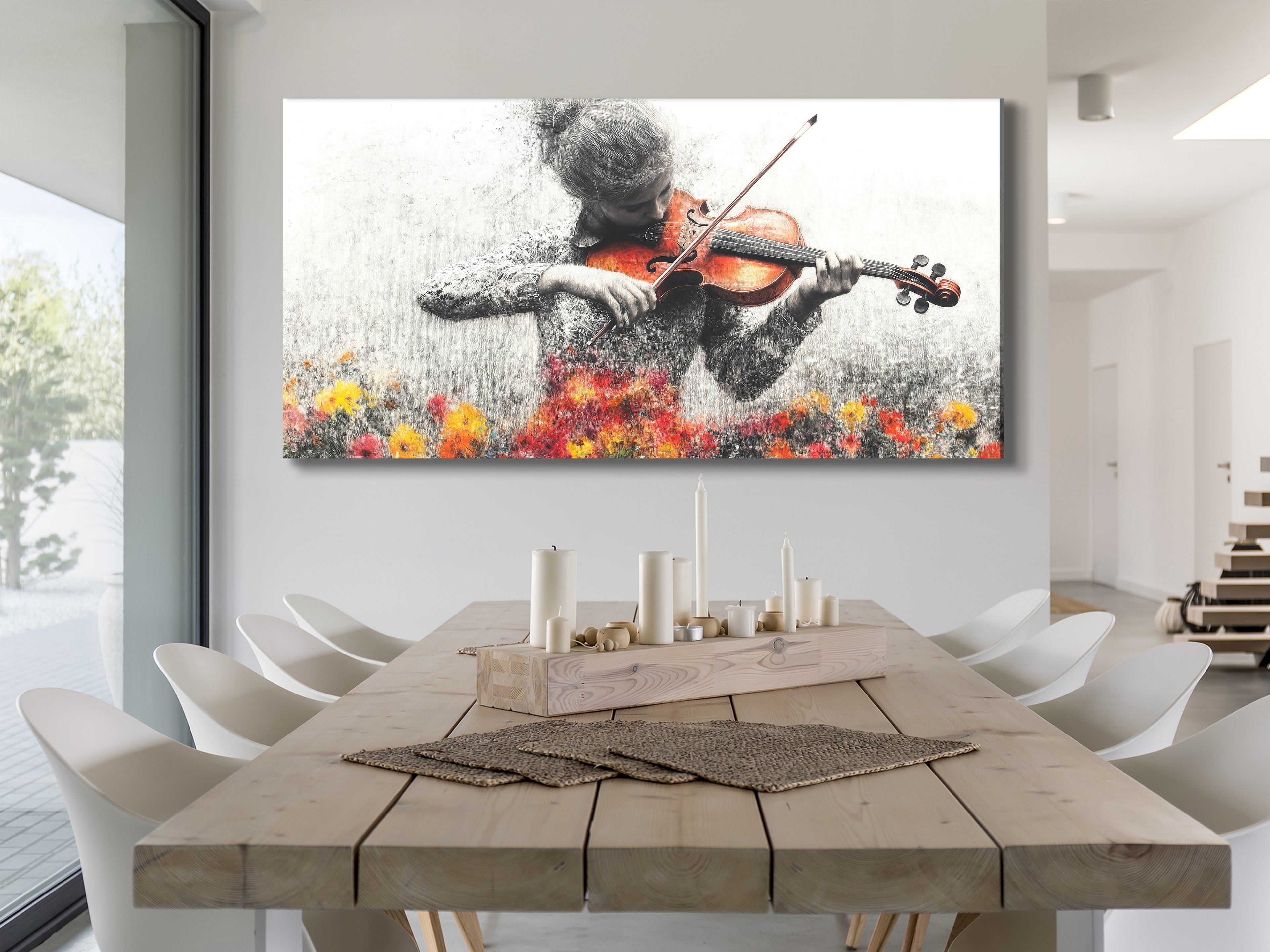 Artwork of a grayscale violinist with vibrant floral accents, displayed above a dining table in a modern dining room.
