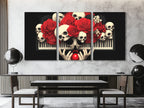 Intriguing artwork blending classical piano elements with a macabre rose-skull motif.
