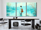 Minimalist Wall Decor featuring a serene pastel fantasy of a romantic cello by the lake, enhancing a modern dining space with sleek design