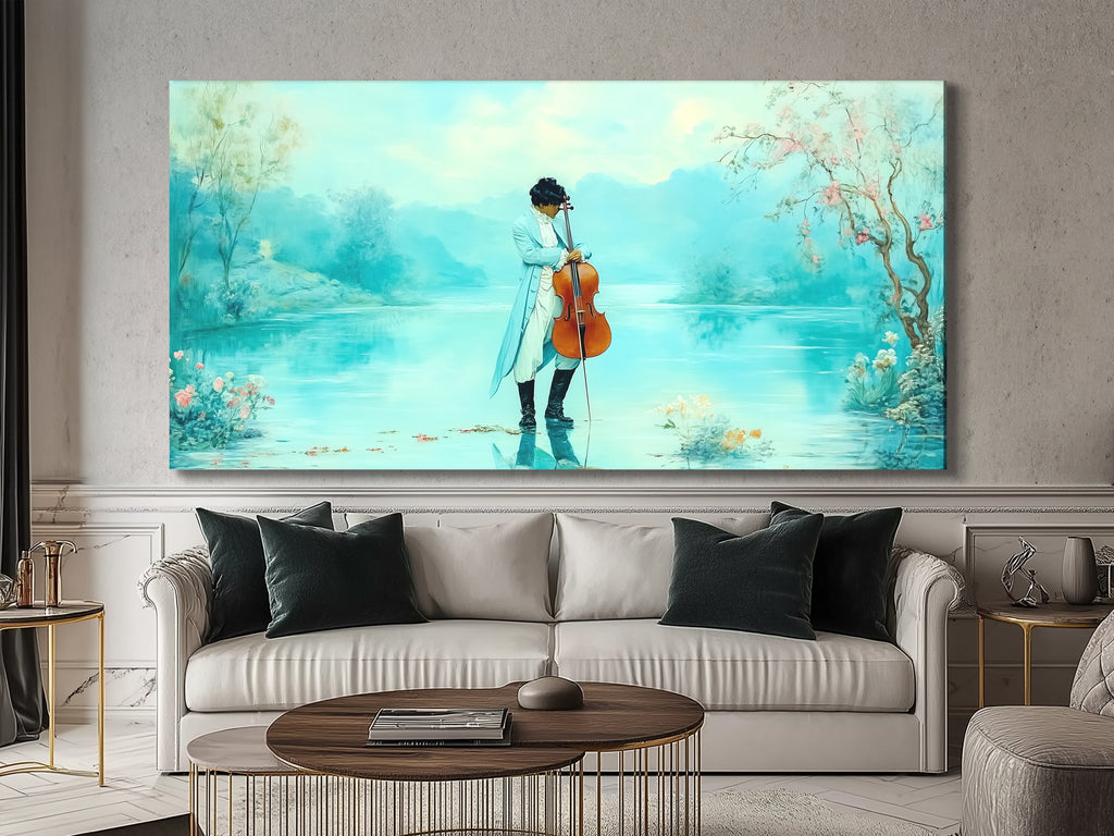 Modern Canvas Art featuring a serene pastel fantasy of a romantic cello by the lake, enhancing a cozy living room with elegant decor