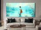 Modern Canvas Art featuring a serene pastel fantasy of a romantic cello by the lake, enhancing a cozy living room with elegant decor