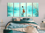Modern Print featuring a serene pastel fantasy of a romantic cello by the lake, enhancing a cozy bedroom with elegant decor