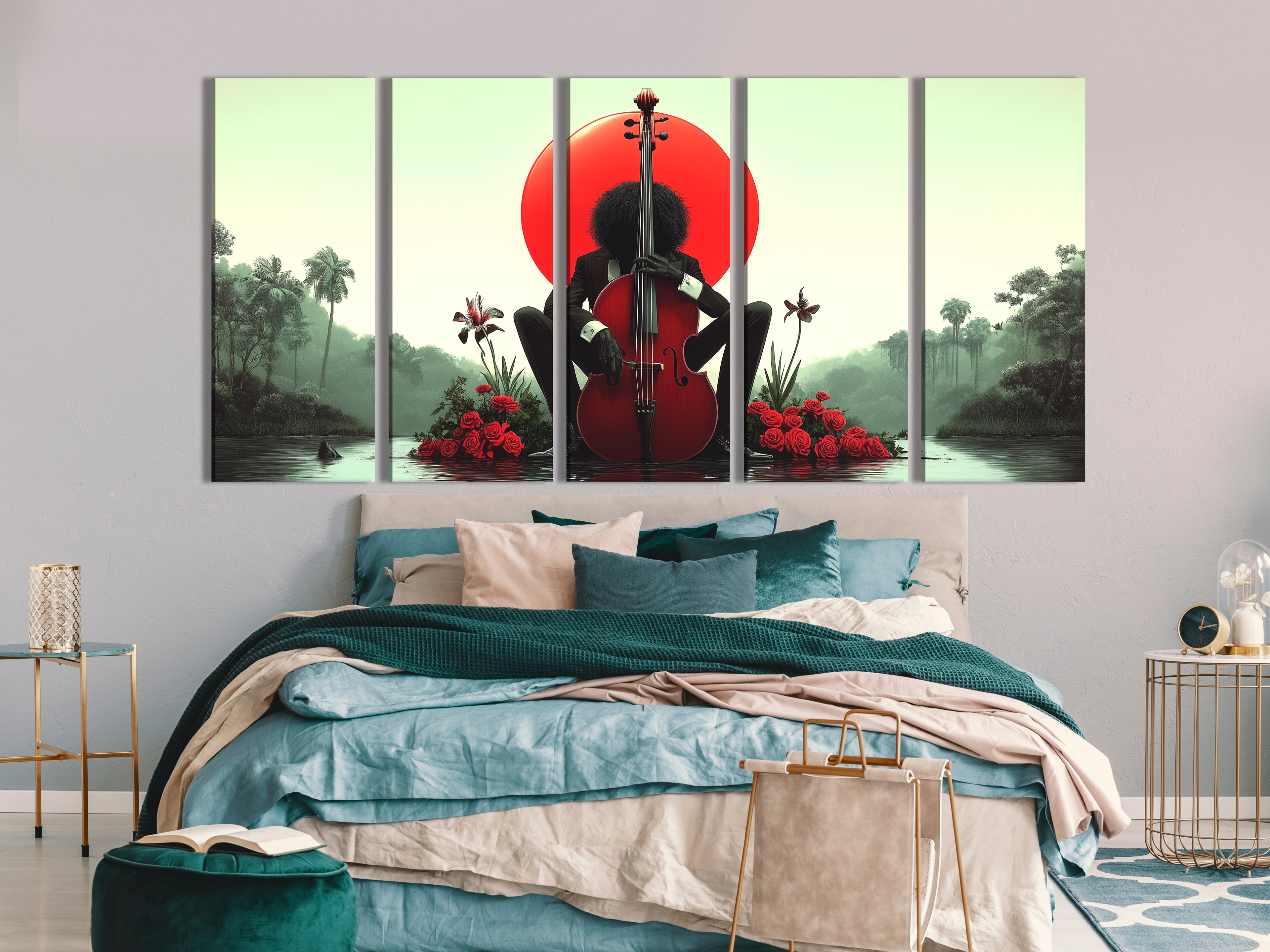 Modern poster featuring a cello player in front of a glowing red sun and lush tropical scene.