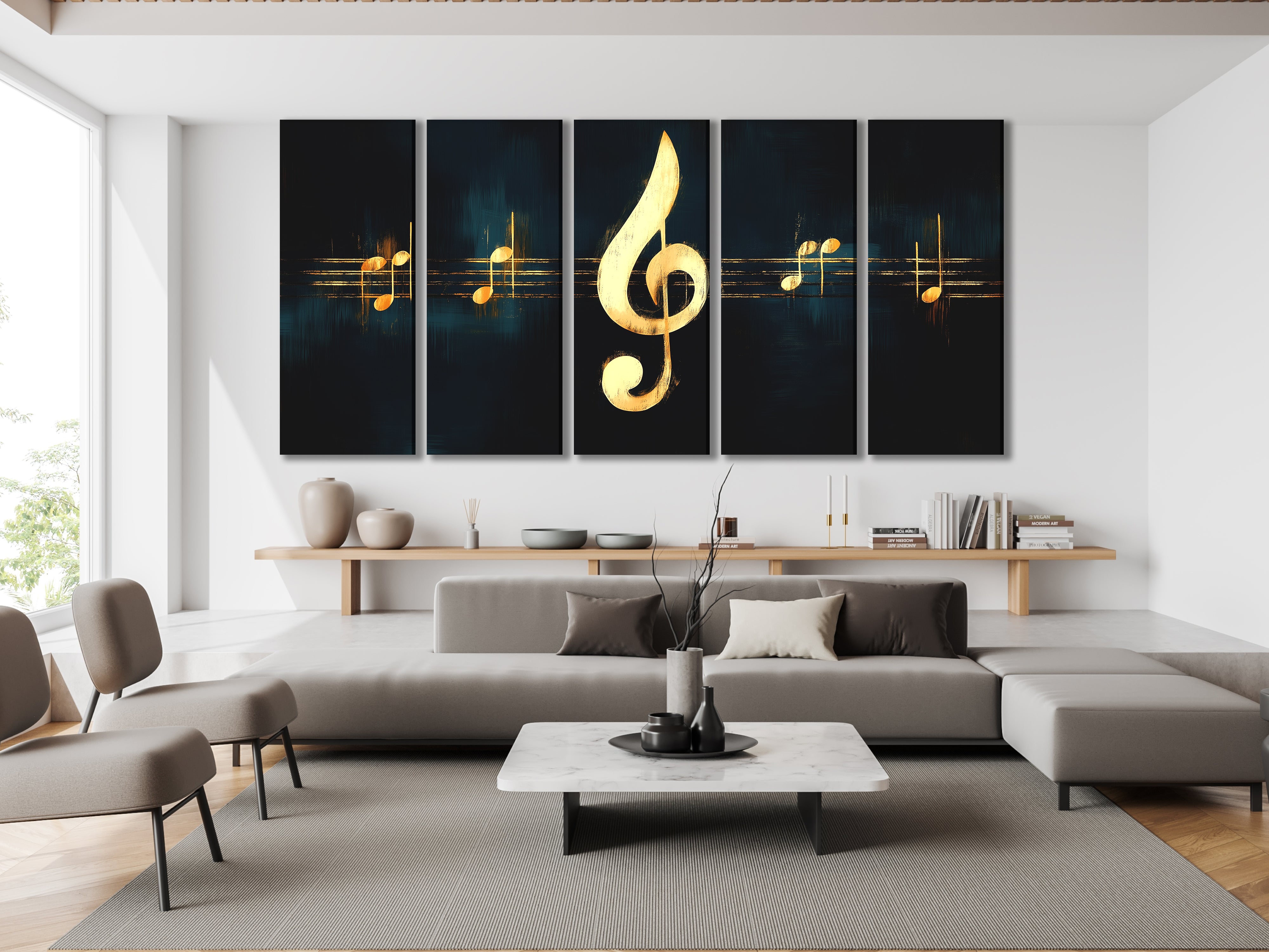 Multiple prints of the treble clef stacked together for a layered display