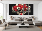 Multiple prints featuring the dramatic clash of red petals, neutral skulls, and a keyboard.