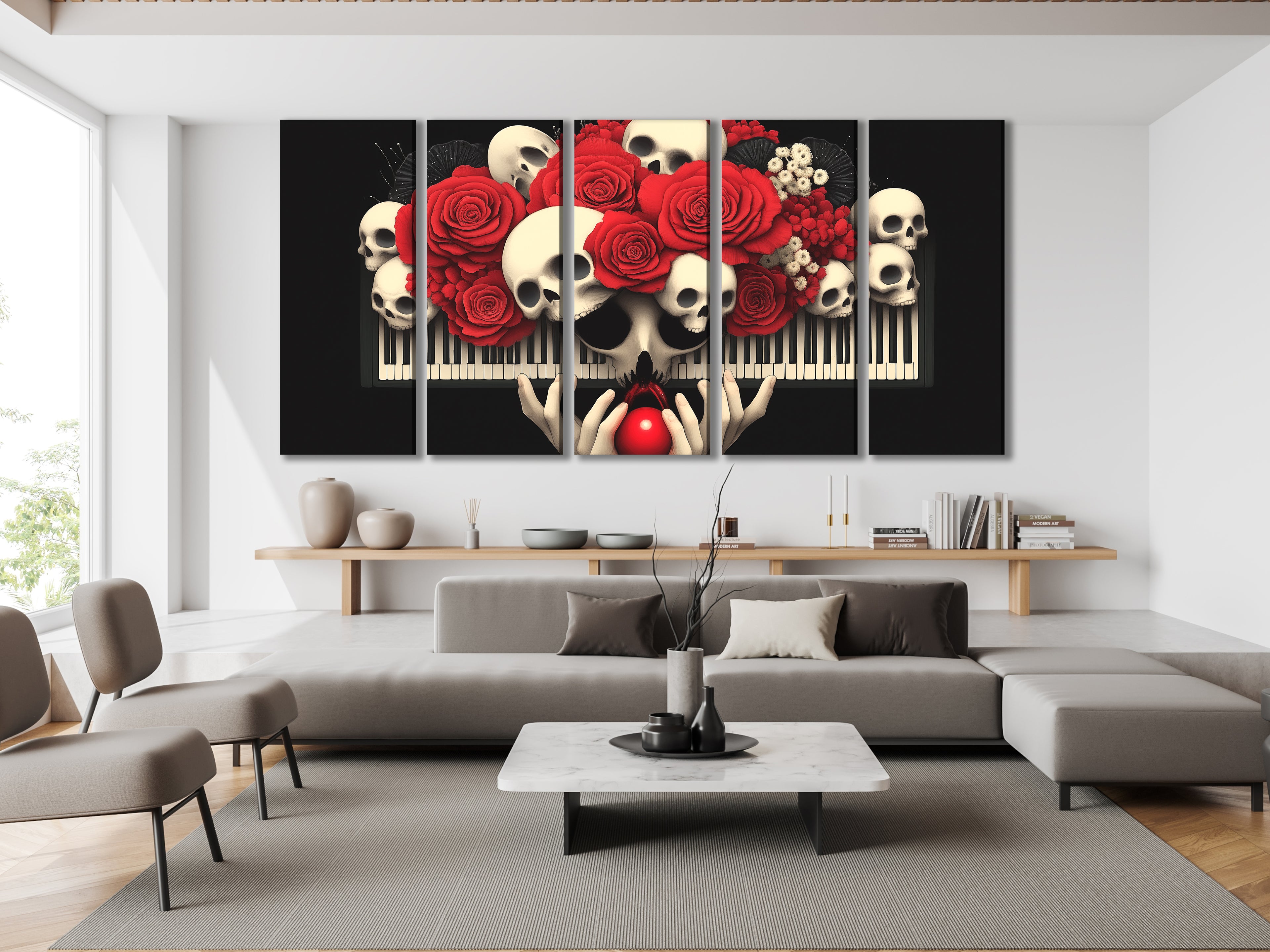 Multiple prints featuring the dramatic clash of red petals, neutral skulls, and a keyboard.