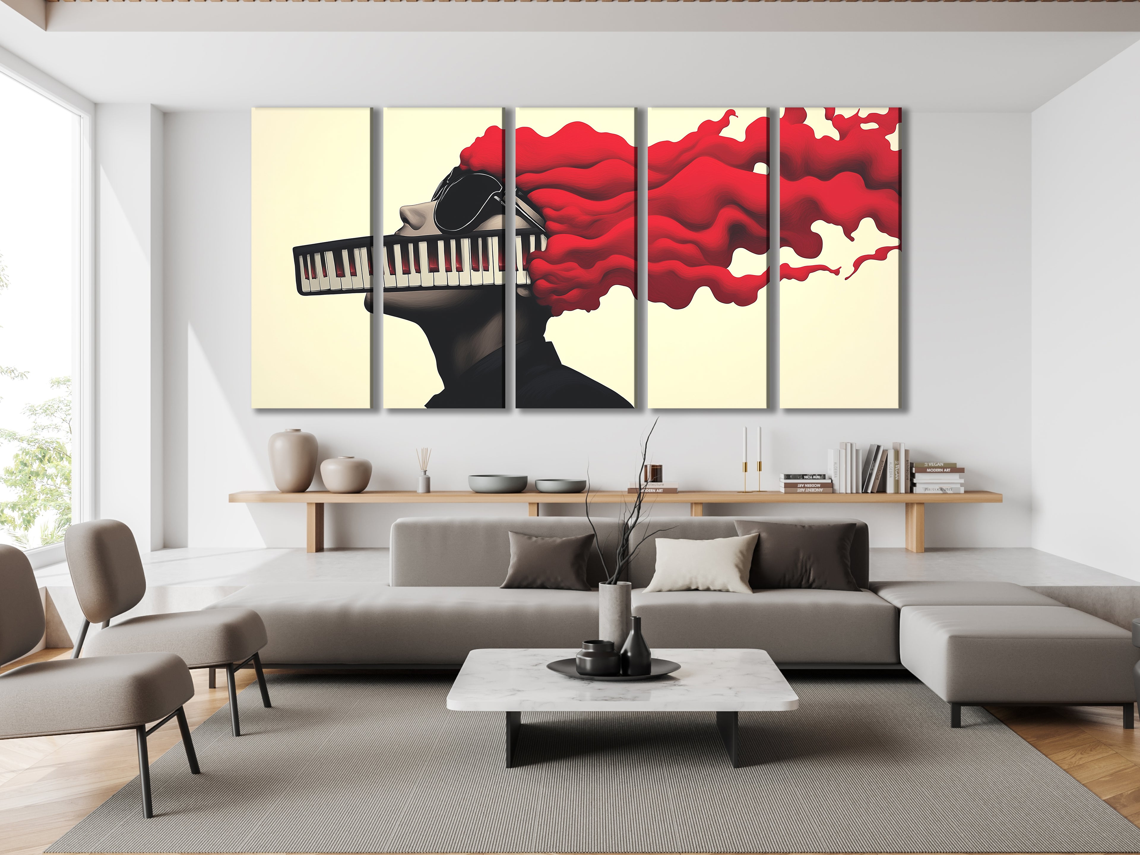 Multiple prints highlighting a surreal blending of music and modern pop art elements.