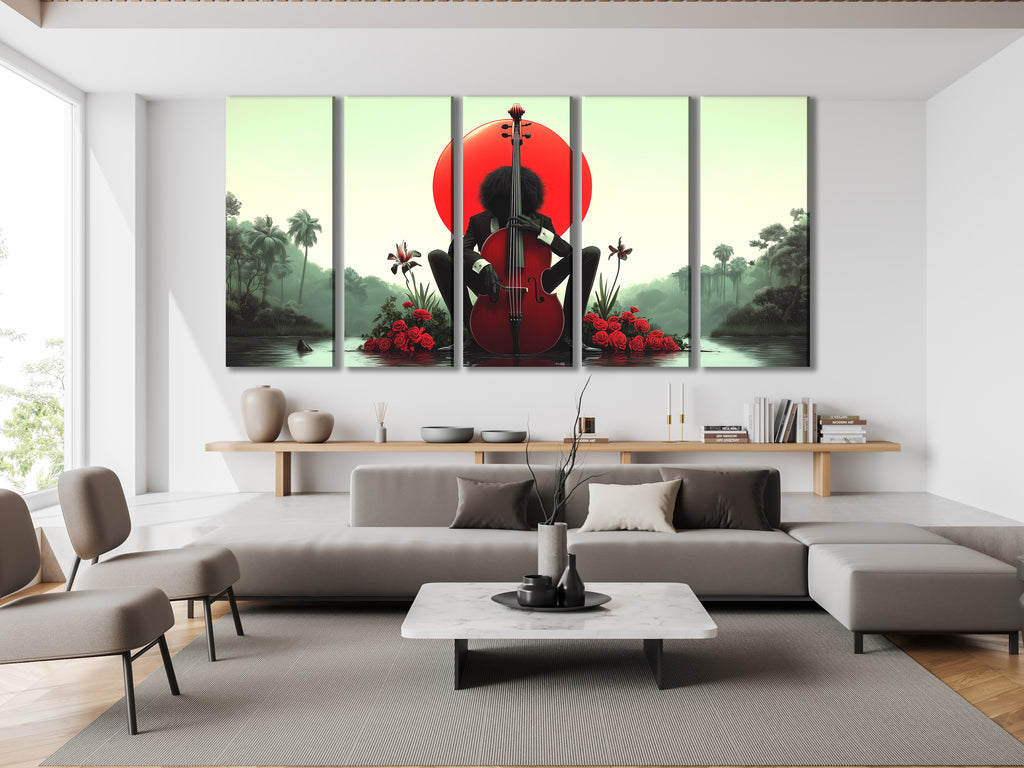 Multiple prints highlighting the surreal mix of a tropical setting, roses, and a cello.