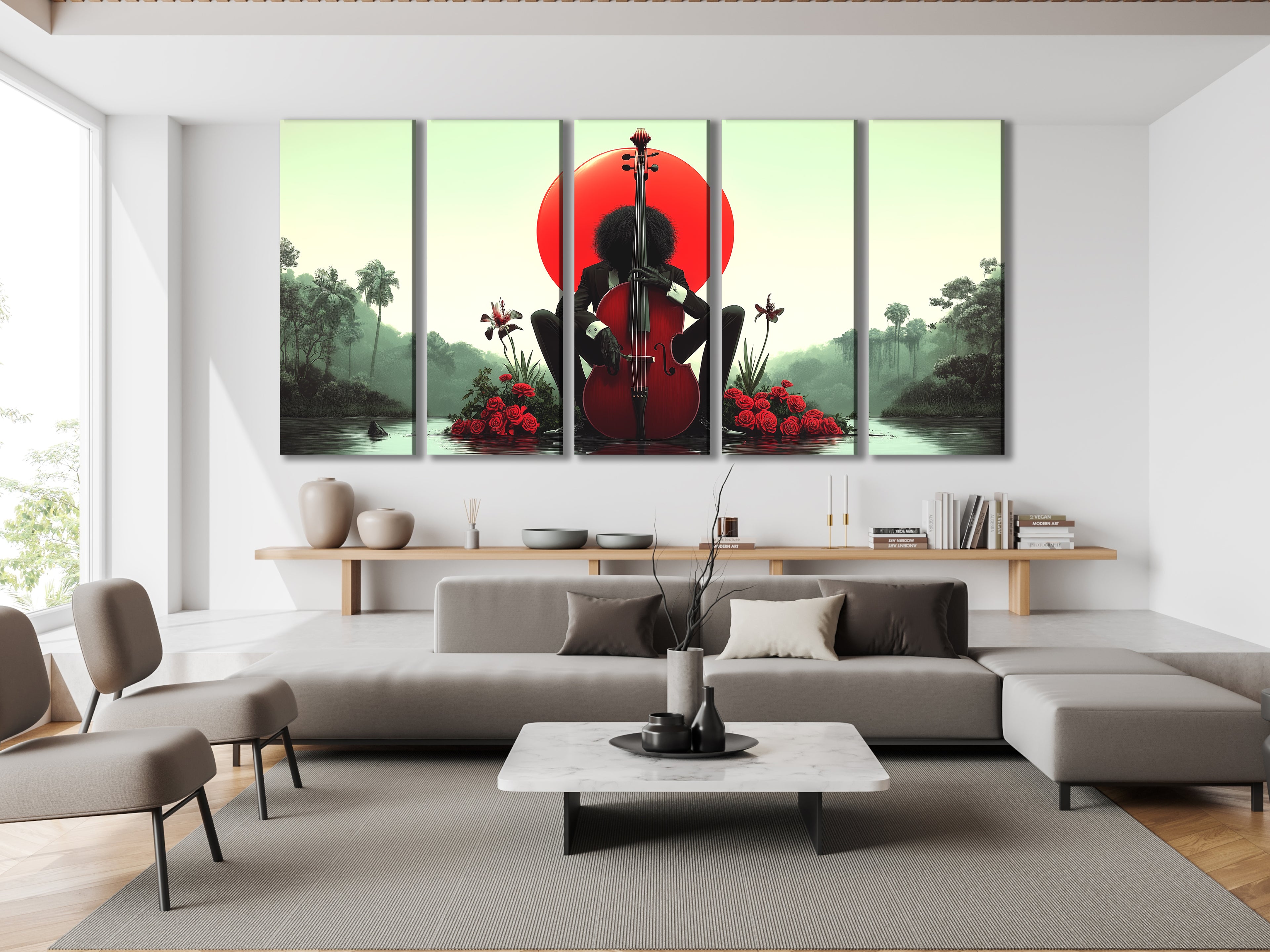 Multiple prints highlighting the surreal mix of a tropical setting, roses, and a cello.