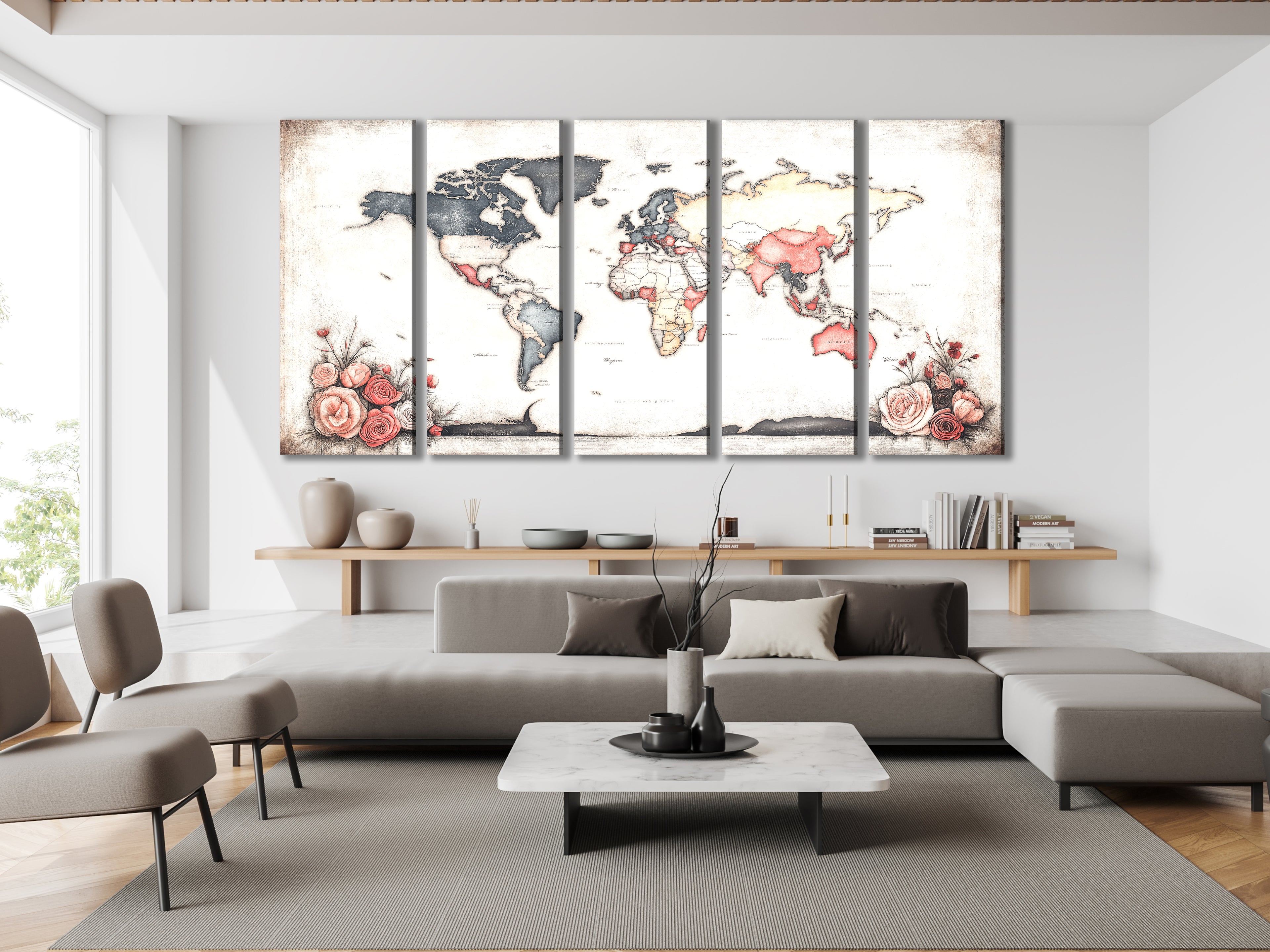 Multiple prints of an ornate world map enhanced by subtle pink rose blooms.