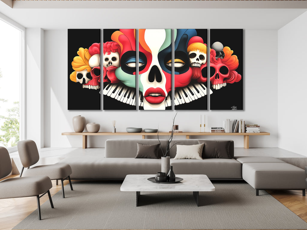 Multiple prints showcasing colorful skull elements tied together by piano keys