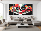Multiple prints showcasing colorful skull elements tied together by piano keys
