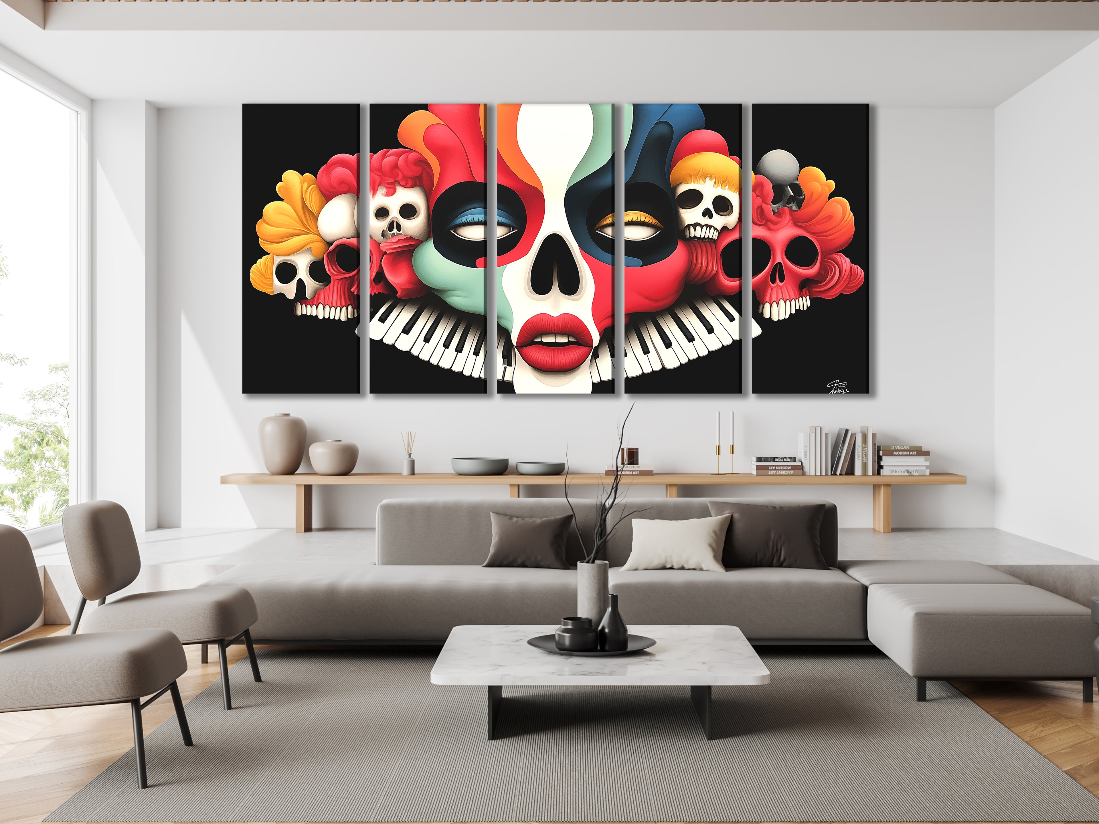 Multiple prints showcasing colorful skull elements tied together by piano keys