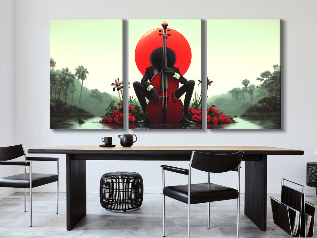 Music-inspired art print depicting a dark figure with a red cello near dreamy foliage.