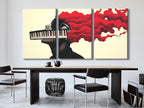 Music-inspired art print illustrating a stylized portrait with piano keys for a mouth.