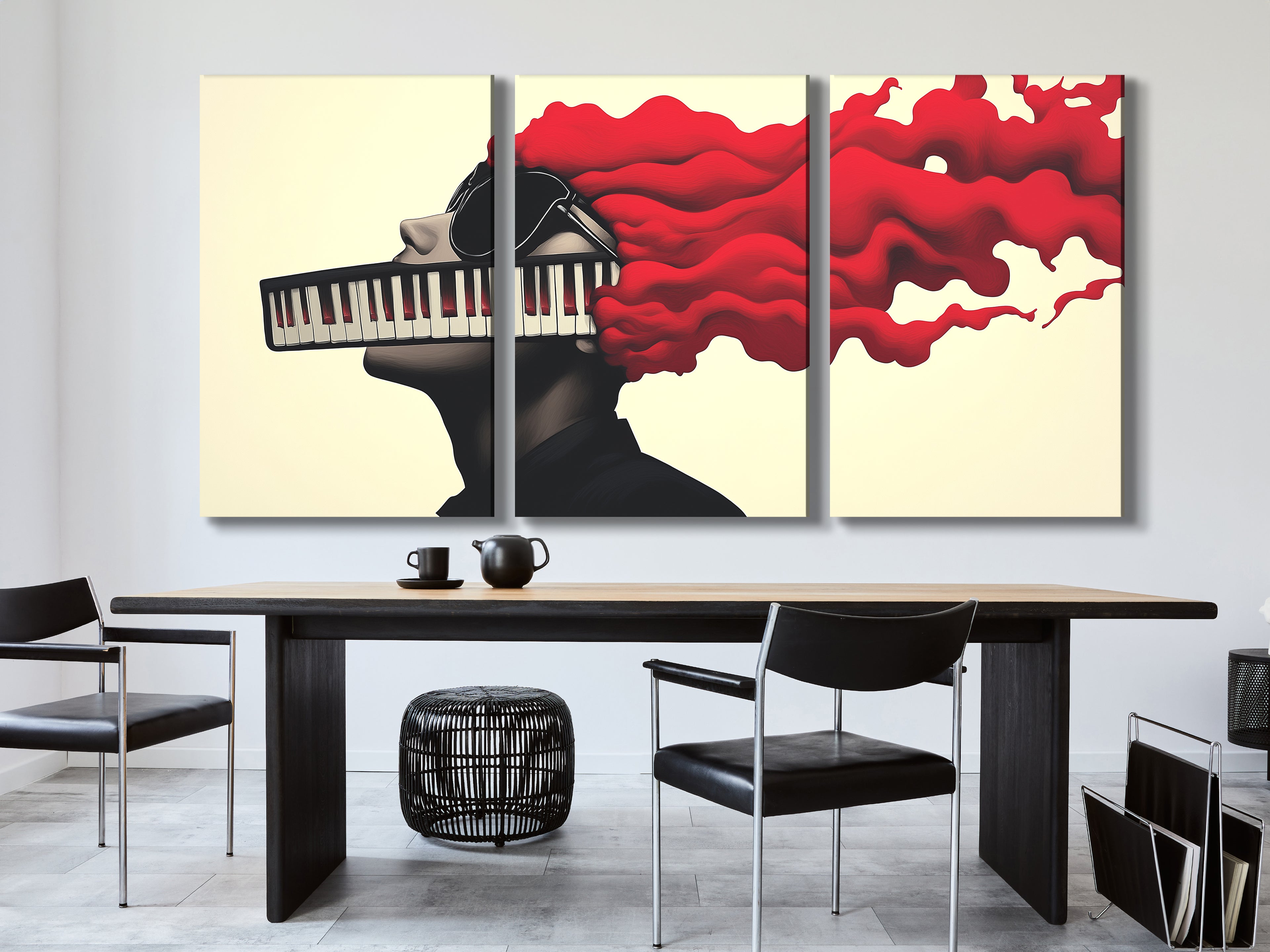Music-inspired art print illustrating a stylized portrait with piano keys for a mouth.