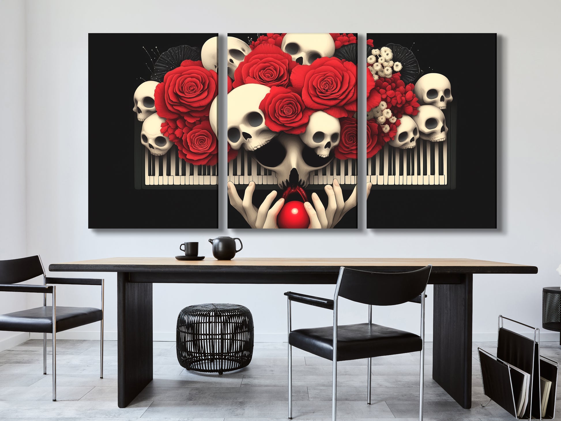 Music-inspired art print showcasing a dynamic skull-and-rose composition.