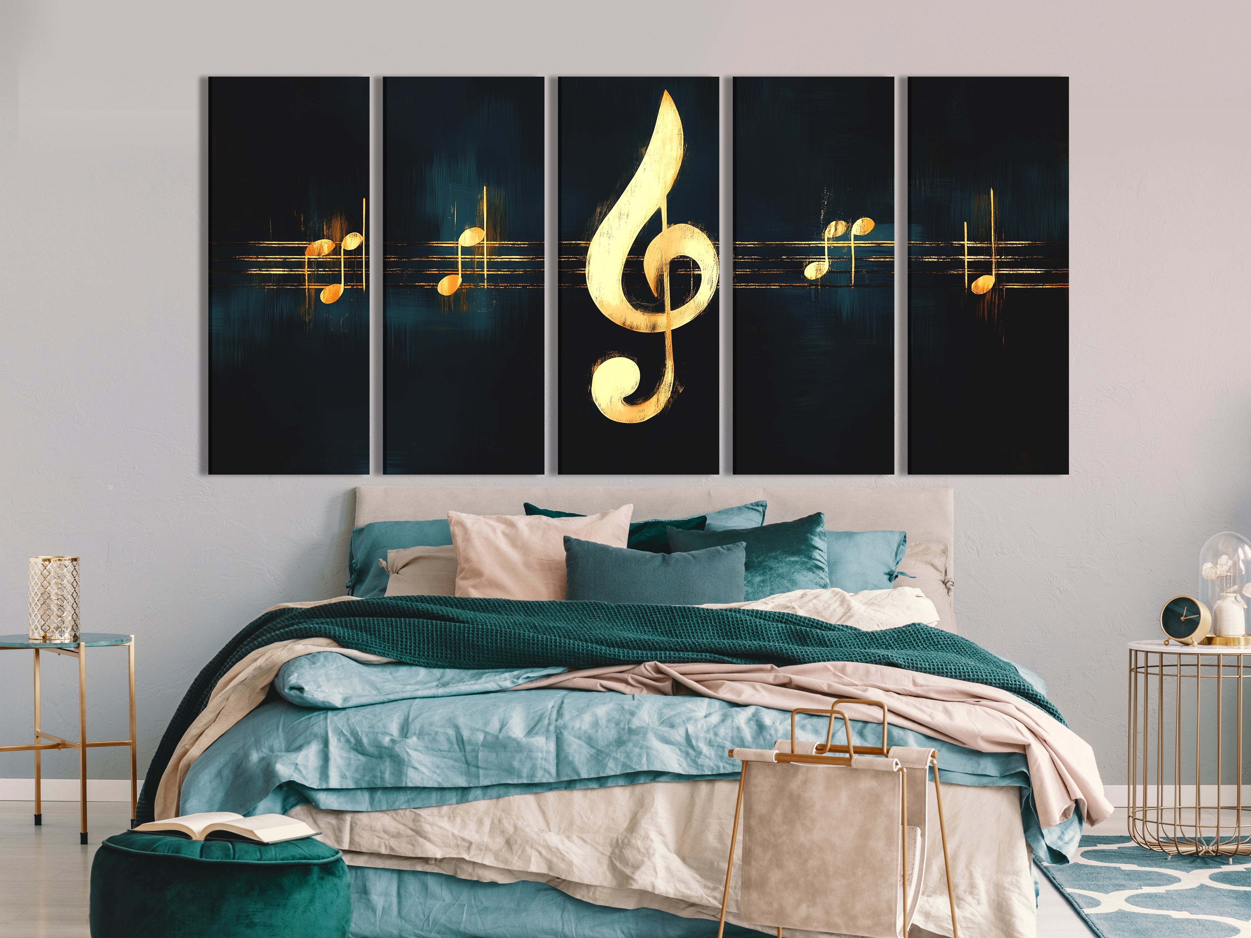 Music-inspired poster featuring glowing gold notes with treble clef