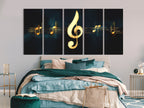 Music-inspired poster featuring glowing gold notes and a treble clef in classy black.