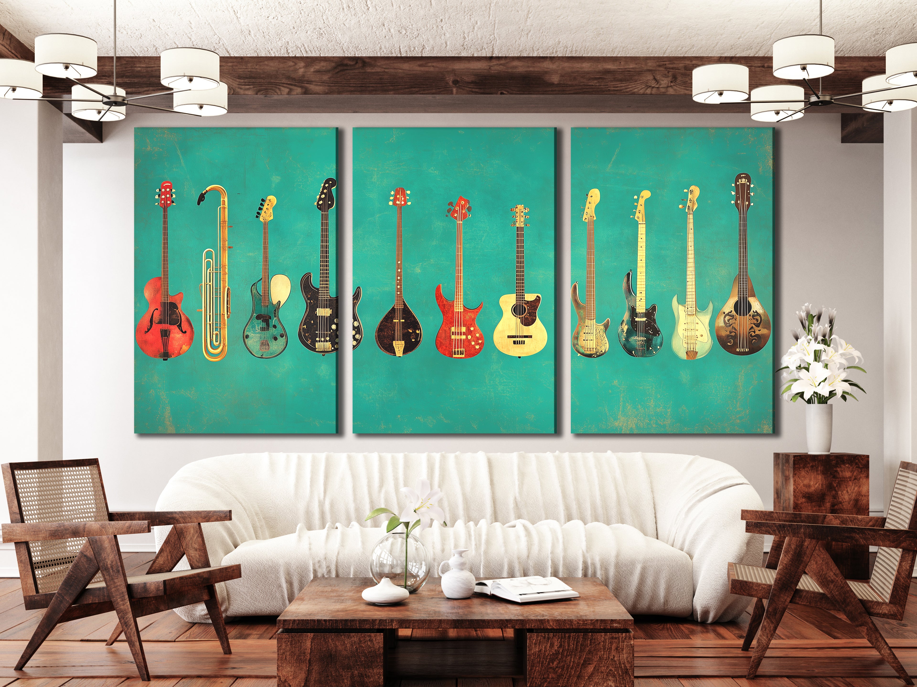 Playful wall decor celebrating musical variety with classic guitar silhouettes.