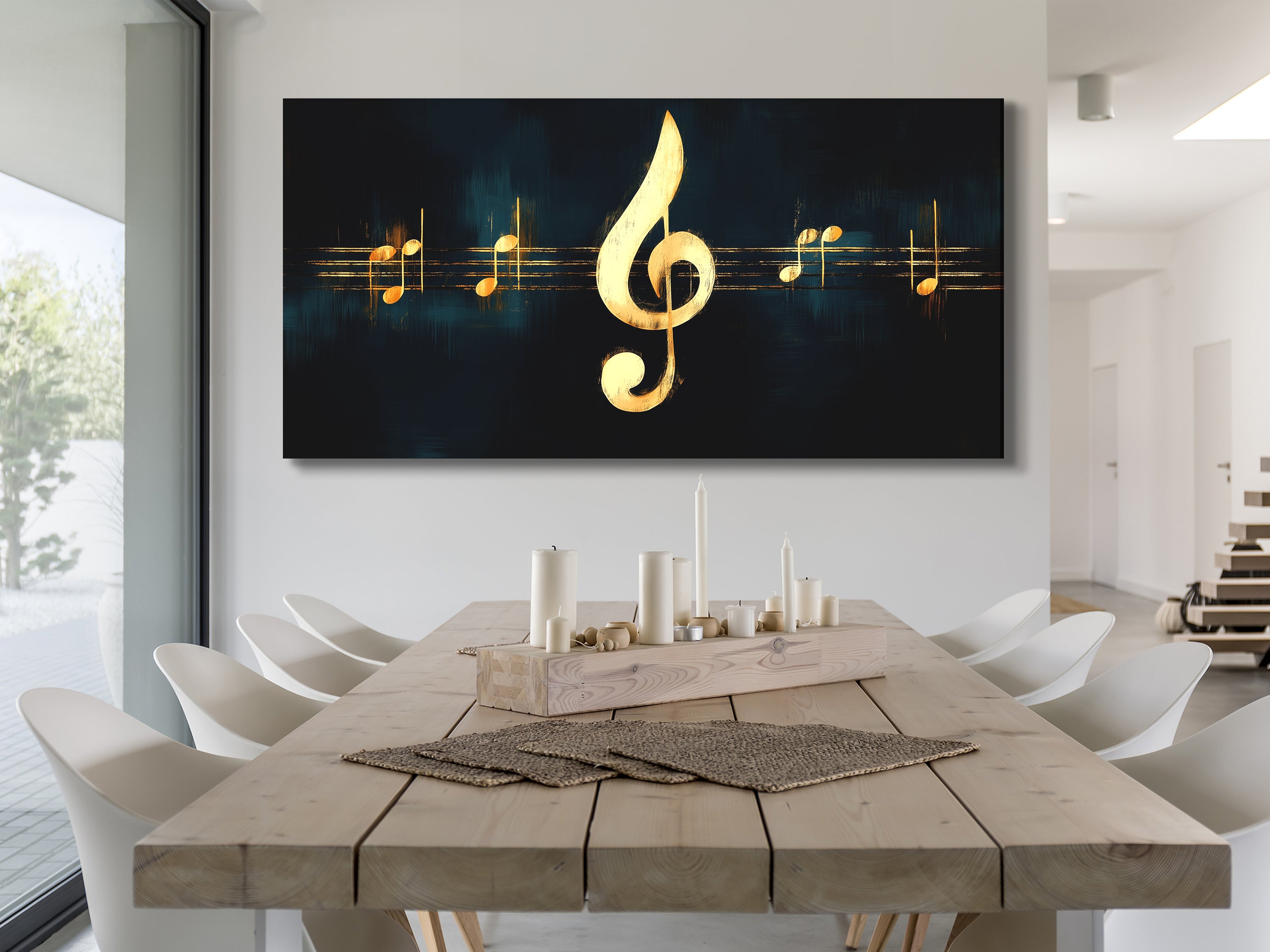 Refined music-themed canvas art depicting a bold gold clef and matching notes.