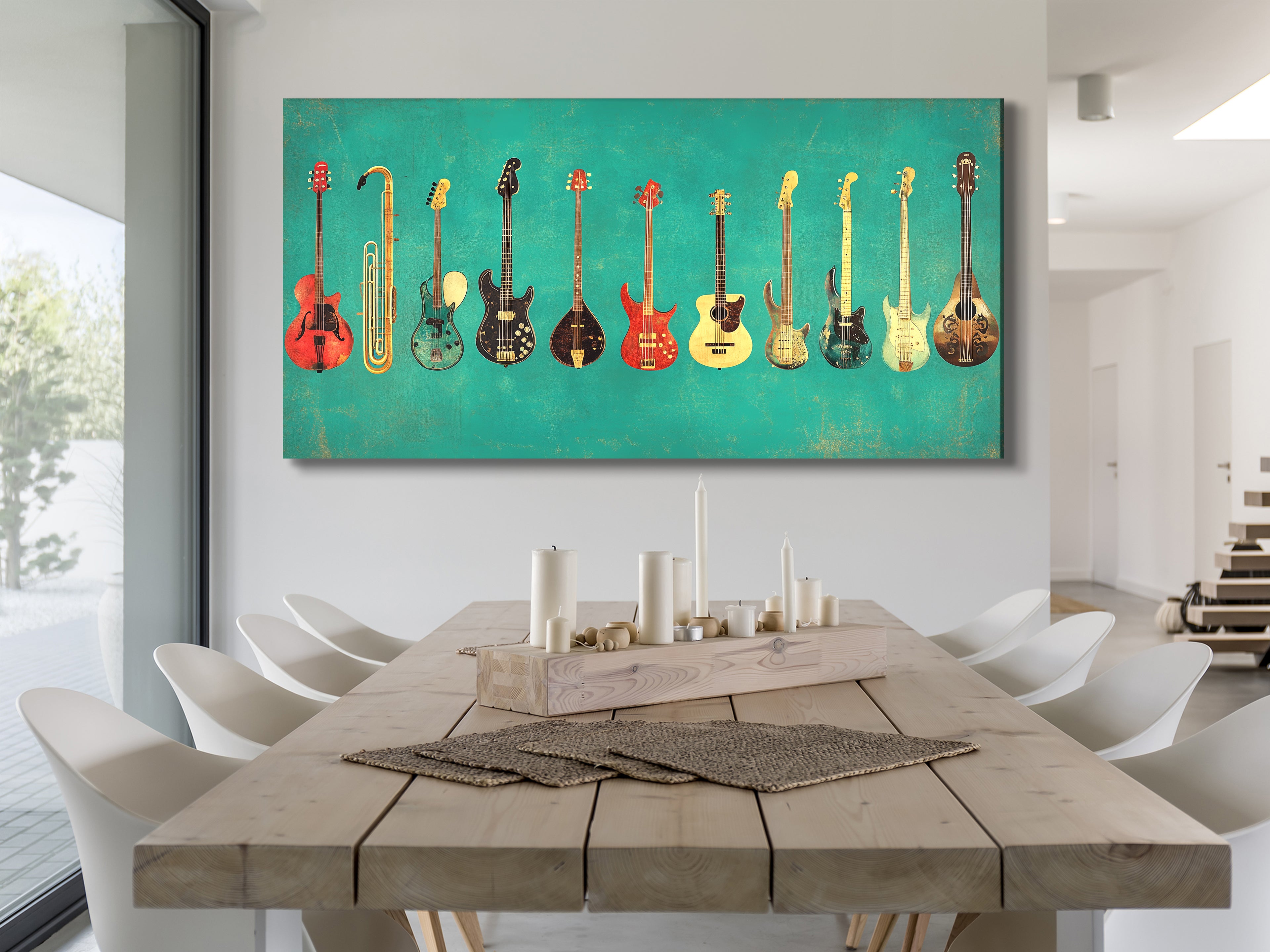Retro guitar lineup canvas art showcasing acoustic, bass, and banjo in bold hues.
