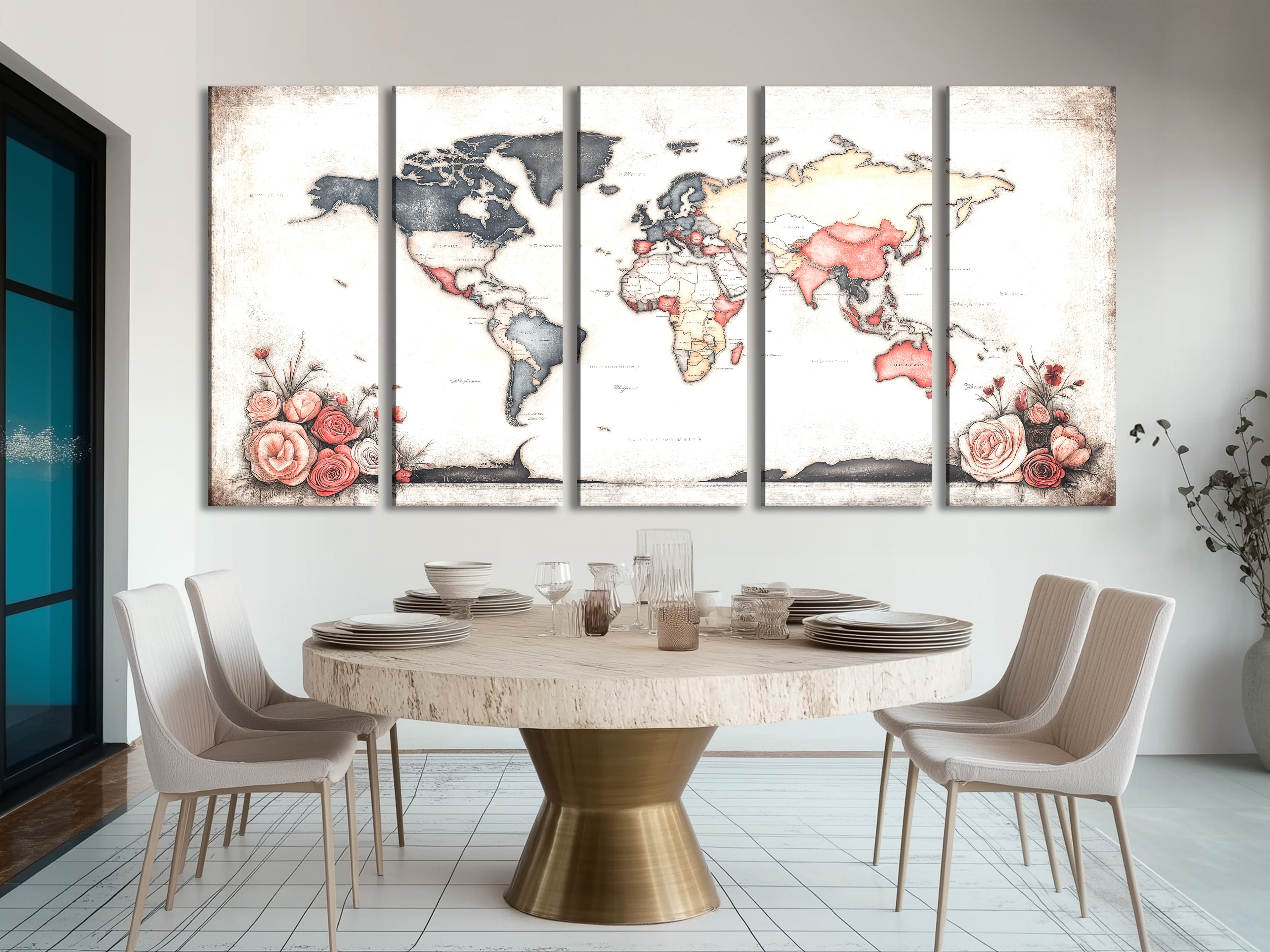 Rustic painting effect combining vintage map details and sweet floral accents.